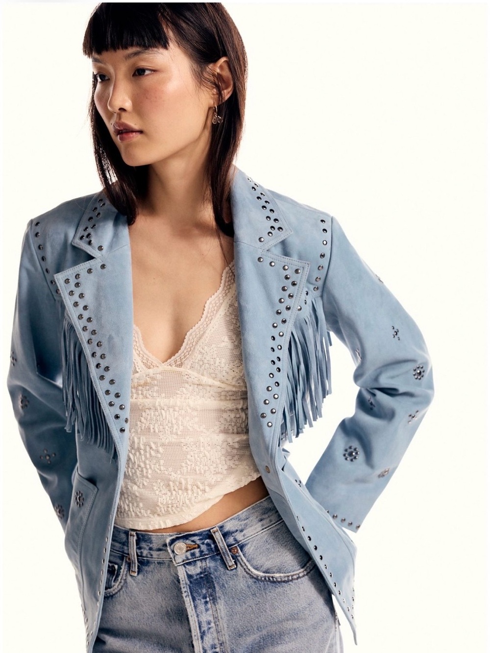 Free People Light Blue Fringe Suede Jacket with Stud Details